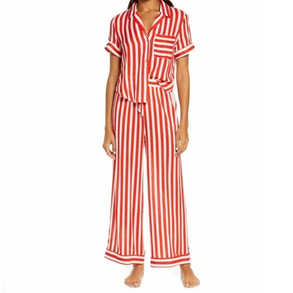 Free People Shiny Nights Pajama Set Wide Legs Red White Pinstripes Siz Small NWT - Picture 6 of 16